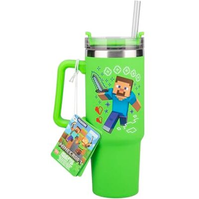 Paladone Caneca térmica e palhinha verde de 900 ml de Steve & Creeper de Minecraft, copo de viagem com licença oficial e alça para chá gelado ou café, merchandising de gaming Paladone Caneca térmica e palhinha verde de 900 ml de Steve & Creeper de Minecraft, copo de viagem com licença oficial e alça para chá gelado ou café, merchandising de gaming