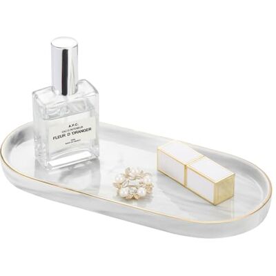 Luxspire Bandeja de cerâmica de mármore, bandeja decorativa para almoçar jóias, bandeja elíptica com bordas douradas para casa de banho, mesa, perfume mármore branco Luxspire Bandeja de cerâmica de mármore, bandeja decorativa para almoçar jóias, bandeja elíptica com bordas douradas para casa de banho, mesa, perfume mármore branco