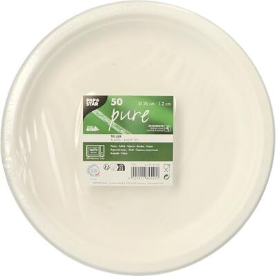 PAPSTAR 50 pratos de cana de açúcar pura sem dividir, diâmetro de 26 cm, 2 cm, cor branca PAPSTAR 50 pratos de cana de açúcar pura sem dividir, diâmetro de 26 cm, 2 cm, cor branca