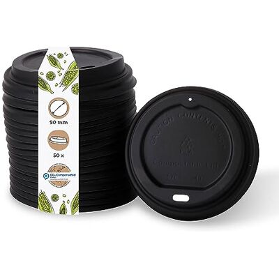 BIOZOYG Tampa de caneca para café To Go Ø 90 mm 50 unidades para chávenas de cartão CPLA 100 % biodegradável, compostável, reciclável, plano preto com orifício para beber BIOZOYG Tampa de caneca para café To Go Ø 90 mm 50 unidades para chávenas de cartão CPLA 100 % biodegradável, compostável, reciclável, plano preto com orifício para beber