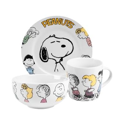 United The Peanuts Snoopy Family Conjunto de 3 pratos, tigela e caneca de porcelana, cor branca United The Peanuts Snoopy Family Conjunto de 3 pratos, tigela e caneca de porcelana, cor branca