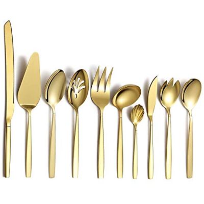 Berglander Conjunto de serviço em aço inoxidável com banho de ouro e prata, 10 peças com banho de titânio dourado, colheres para servir, utensílio de serviço prateado (10 peças) Berglander Conjunto de serviço em aço inoxidável com banho de ouro e prata, 10 peças com banho de titânio dourado, colheres para servir, utensílio de serviço prateado (10 peças)