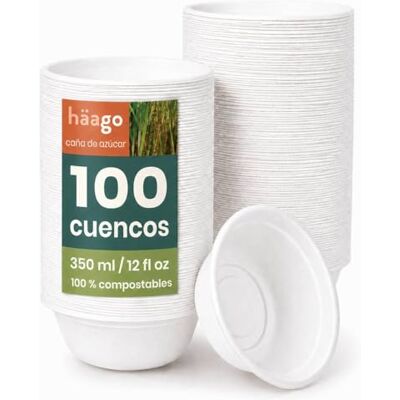 HAAGO 100 Tigelas de Papel de Cana de Açúcar Descartáveis, 350ml Ecológicas, Impermeáveis Alternativa Natural ao Plástico HAAGO 100 Tigelas de Papel de Cana de Açúcar Descartáveis, 350ml Ecológicas, Impermeáveis Alternativa Natural ao Plástico