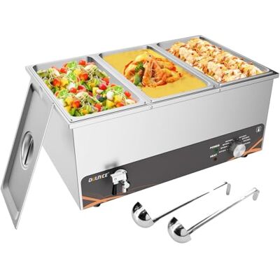 DULNICE Casa de banho maria elétrica 1500 W aquecedor de alimentos elétrico casa de banho maria hotelaria em aço inoxidável com 3 bandejas de aço inoxidável com 2 colheres, ajuste de temperatura 30-85 °C DULNICE Casa de banho maria elétrica 1500 W aquecedor de alimentos elétrico casa de banho maria hotelaria em aço inoxidável com 3 bandejas de aço inoxidável com 2 colheres, ajuste de temperatura 30-85 °C