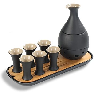 TEANAGOO Conjunto de saquê japonês tradicional , jarro de sake (170 ml) com 6 chávenas de sake (25 ml) para licor de soju japonês frio ou quente, com conjunto de bandejas de bambu para servir 10 peças/conjunto TEANAGOO Conjunto de saquê japonês tradicional , jarro de sake (170 ml) com 6 chávenas de sake (25 ml) para licor de soju japonês frio ou quente, com conjunto de bandejas de bambu para servir 10 peças/conjunto