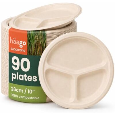 HAAGO 90 pratos descartáveis biodegradáveis de cana de açúcar de 3 secções (26 cm) pratos ecológicos de bagaço perfeitos para reuniões, celebrações, eventos de grupo e festas HAAGO 90 pratos descartáveis biodegradáveis de cana de açúcar de 3 secções (26 cm) pratos ecológicos de bagaço perfeitos para reuniões, celebrações, eventos de grupo e festas