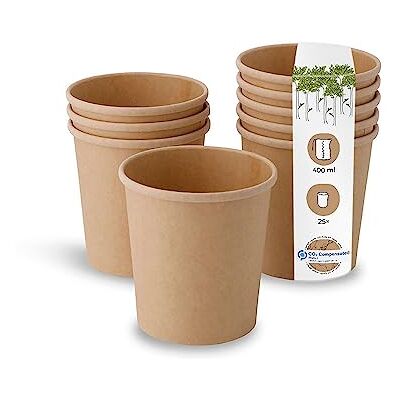BIOZOYG Copos de papel biológico, copos de cartão kraft castanho, copos compostáveis, copos para sopa, copos para gelados, de cartão, 25 copos descartáveis orgânicos, biodegradáveis, 400 ml BIOZOYG Copos de papel biológico, copos de cartão kraft castanho, copos compostáveis, copos para sopa, copos para gelados, de cartão, 25 copos descartáveis orgânicos, biodegradáveis, 400 ml
