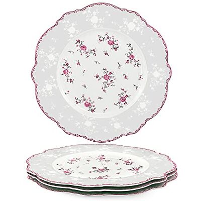 fanquare Conjunto de 4 pratos rasos de Porcelana, 27,5 cm pratos grandes florais rosa, louça vintage real para festas de Natal, casamento fanquare Conjunto de 4 pratos rasos de Porcelana, 27,5 cm pratos grandes florais rosa, louça vintage real para festas de Natal, casamento