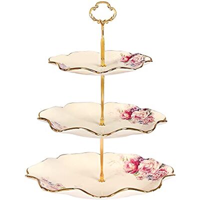 fanquare Bandeja de real floral para bolos de 3 andares, pratos de frutas em forma de lótus com suportes de metal para aniversários, casamentos, festas de chá fanquare Bandeja de real floral para bolos de 3 andares, pratos de frutas em forma de lótus com suportes de metal para aniversários, casamentos, festas de chá
