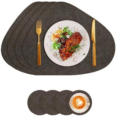 VEIZIBEE Toalhas de mesa individuais laváveis, toalhas de mesa individuais redondas e bases para copos de couro, protetores de mesa individuais antimanchas antiderrapantes (café preto) VEIZIBEE Toalhas de mesa individuais laváveis, toalhas de mesa individuais redondas e bases para copos de couro, protetores de mesa individuais antimanchas antiderrapantes (café preto)