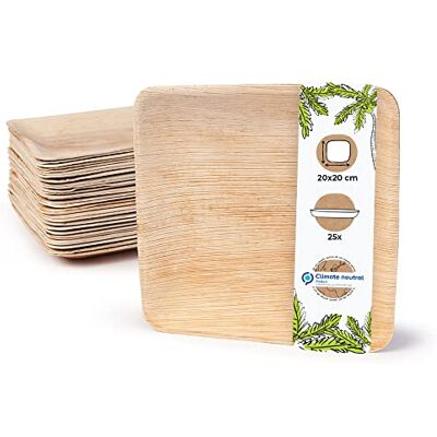 BIOZOYG Palmware Prato de folha de palma, 25 unidades, quadrado, 20 x 20 cm, biodegradável BIOZOYG Palmware Prato de folha de palma, 25 unidades, quadrado, 20 x 20 cm, biodegradável