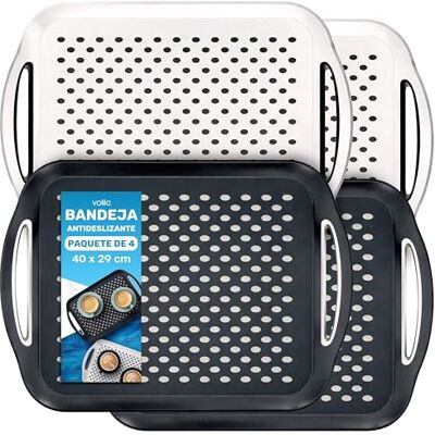 volila Bandejas para servir alimentos, conjunto de 4 unidades bandeja antiderrapante (41 x 29 x 4,5 cm), bandeja preta e branca com forma retangular, bandeja com alimentos com pega para servir alimentos e volila Bandejas para servir alimentos, conjunto de 4 unidades bandeja antiderrapante (41 x 29 x 4,5 cm), bandeja preta e branca com forma retangular, bandeja com alimentos com pega para servir alimentos e