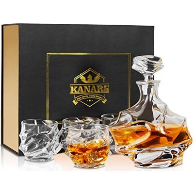KANARS Copos e jarro de uísque, sem chumbo cristalino resistente garrafa de uísque Set para Scotch, Bourbon, 750 ml Decantador e 4 copos de uísque 320 ml, caixa de presente de luxo, 5 peças KANARS Copos e jarro de uísque, sem chumbo cristalino resistente garrafa de uísque Set para Scotch, Bourbon, 750 ml Decantador e 4 copos de uísque 320 ml, caixa de presente de luxo, 5 peças