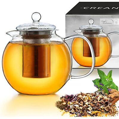Creano Bule de vidro, bule de vidro de 3 peças com filtro de aço inoxidável integrado e tampa de vidro, ideal para preparar chás soltos, sem gotejamento, tudo em um aço inoxidável 1,3 L Creano Bule de vidro, bule de vidro de 3 peças com filtro de aço inoxidável integrado e tampa de vidro, ideal para preparar chás soltos, sem gotejamento, tudo em um aço inoxidável 1,3 L
