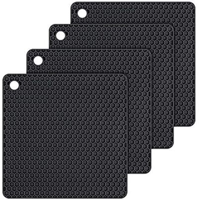 Alnicov Conjunto de 4 suportes de silicone multiusos para panelas com almofadas quentes, antiderrapantes, flexíveis, resistentes ao calor, para mesa de cozinha, cor preta Alnicov Conjunto de 4 suportes de silicone multiusos para panelas com almofadas quentes, antiderrapantes, flexíveis, resistentes ao calor, para mesa de cozinha, cor preta
