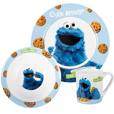 United Bairro Sésamo Conjunto de louça infantil de 3 peças de porcelana azul, tigela e caneca United Bairro Sésamo Conjunto de louça infantil de 3 peças de porcelana azul, tigela e caneca