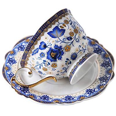 fanquare Vintage Chávena de Chá de Flores Azuis Chinesa de Osso, Conjunto de Chávena de Café e Pires de Porcelana, 200ml fanquare Vintage Chávena de Chá de Flores Azuis Chinesa de Osso, Conjunto de Chávena de Café e Pires de Porcelana, 200ml