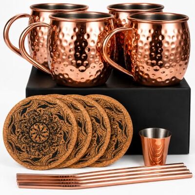 Eligara Conjunto de 4 chávenas de cobre para coquetel da Mula Moscovita, conjunto de presente de 16 onças com um copo de shots Bonus, 4 palhinhas e 4 bases para copos Eligara Conjunto de 4 chávenas de cobre para coquetel da Mula Moscovita, conjunto de presente de 16 onças com um copo de shots Bonus, 4 palhinhas e 4 bases para copos