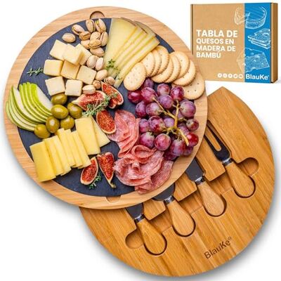 BlauKe Tábua de queijo com utensílios e prato de ardósia, bandeja de madeira para queijo, pequeno-almoço, aperitivo, tábua de madeira de bambu para cortar queijo, tábua de cortar cozinha, bandejas para BlauKe Tábua de queijo com utensílios e prato de ardósia, bandeja de madeira para queijo, pequeno-almoço, aperitivo, tábua de madeira de bambu para cortar queijo, tábua de cortar cozinha, bandejas para