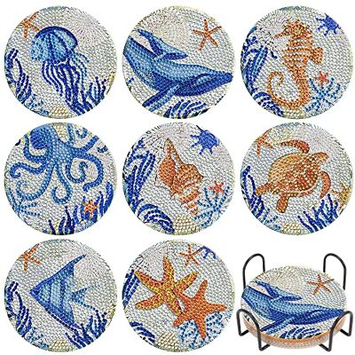 SOEWIOU Criaturas aquáticas Santos porta-copos para bebidas com suporte, DIY 8 peças pintura diamantes design criaturas aquáticas porta-copos, bases para copos para casa, escritório e cozinha, café bebida SOEWIOU Criaturas aquáticas Santos porta-copos para bebidas com suporte, DIY 8 peças pintura diamantes design criaturas aquáticas porta-copos, bases para copos para casa, escritório e cozinha, café bebida