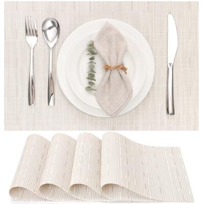 Myir JUN Protetores de mesa individuais conjunto de 6, laváveis toalhas de mesa individuais plásticos de vinil de esteiras, resistentes ao calor antiderrapante, fácil de limpar e impermeável 30 x 43,5 cm (bege) Myir JUN Protetores de mesa individuais conjunto de 6, laváveis toalhas de mesa individuais plásticos de vinil de esteiras, resistentes ao calor antiderrapante, fácil de limpar e impermeável 30 x 43,5 cm (bege)