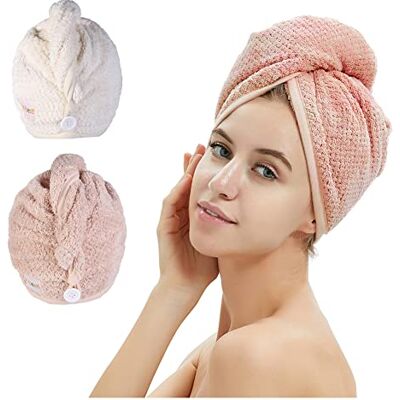 M-bestl Pacote de 2 toalhas de cabelo, toalha de secagem de cabelo com botão, toalha de microfibra para o cabelo, gorro de banho (rosa e bege) M-bestl Pacote de 2 toalhas de cabelo, toalha de secagem de cabelo com botão, toalha de microfibra para o cabelo, gorro de banho (rosa e bege)