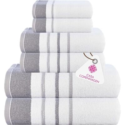 Casa Copenhagen White Bay Toalha de algodão egípcio de 600 g/m² para hotel, SPA, cozinha, casa de banho, conjunto de 6, 2 casas de banho, 2 mãos, 2 panos de lavagem, cor branca com borda cinzento escuro e cinzento claro Casa Copenhagen White Bay Toalha de algodão egípcio de 600 g/m² para hotel, SPA, cozinha, casa de banho, conjunto de 6, 2 casas de banho, 2 mãos, 2 panos de lavagem, cor branca com borda cinzento escuro e cinzento claro