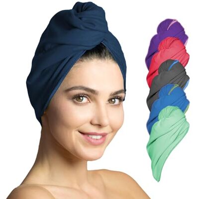 Fit-Flip Toalha turbante para secagem rápida de cabelo, toalhas de microfibra ultra absorventes para cabelo, com botão 1 peça azul-marinho Fit-Flip Toalha turbante para secagem rápida de cabelo, toalhas de microfibra ultra absorventes para cabelo, com botão 1 peça azul-marinho