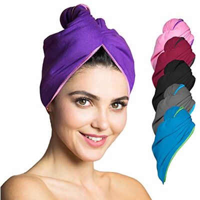 Fit-Flip Toalha turbante para secagem rápida de cabelo, toalhas de microfibra ultra absorventes para cabelo, com botão 1 peça roxo com borda rosa Fit-Flip Toalha turbante para secagem rápida de cabelo, toalhas de microfibra ultra absorventes para cabelo, com botão 1 peça roxo com borda rosa
