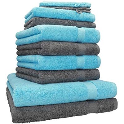 Betz Conjunto de toalhas de 10 peças 2 toalhas de banho 4 toalhas de mão 2 toalhas para convidados 2 luvas de banho 100 % algodão toalha duche de banho mão premium de cor turquesa e cinzento antracite Betz Conjunto de toalhas de 10 peças 2 toalhas de banho 4 toalhas de mão 2 toalhas para convidados 2 luvas de banho 100 % algodão toalha duche de banho mão premium de cor turquesa e cinzento antracite