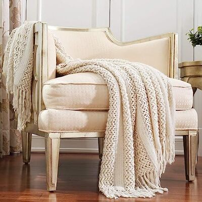 CREVENT Cobertor decorativo tecido para sofá, cadeira, cama ou para viagens, quente, leve, macio e confortável, para todas as estações, (127 x 152 cm, cor marfim) CREVENT Cobertor decorativo tecido para sofá, cadeira, cama ou para viagens, quente, leve, macio e confortável, para todas as estações, (127 x 152 cm, cor marfim)