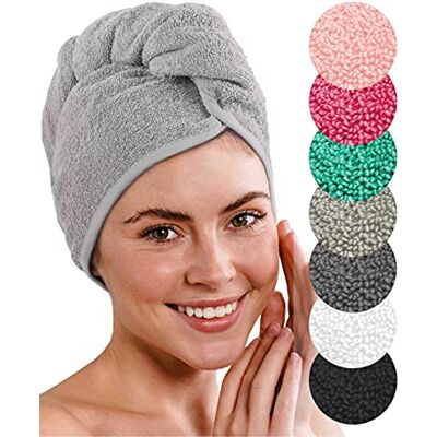 LAYNENBURG Toalha turbante de luxo com botão 100% algodão, 4 elásticos de cabelo grátis para cabelo curto e longo turbante de secagem rápida e absorvente (cinzento) LAYNENBURG Toalha turbante de luxo com botão 100% algodão, 4 elásticos de cabelo grátis para cabelo curto e longo turbante de secagem rápida e absorvente (cinzento)
