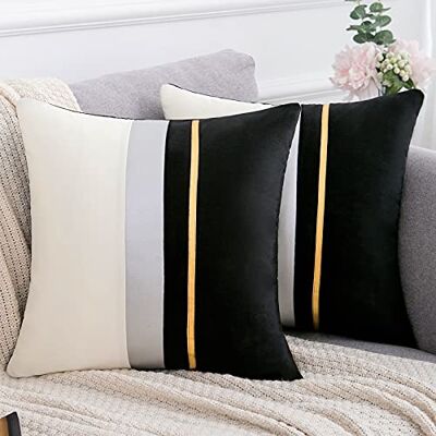Serento 2 capas de almofada grandes 50 x 50 cm, preto com riscas couro dourado decorativas para casa interior moda sala de estar, sofá, quarto, cama, sala de estar, 20 x 20 Serento 2 capas de almofada grandes 50 x 50 cm, preto com riscas couro dourado decorativas para casa interior moda sala de estar, sofá, quarto, cama, sala de estar, 20 x 20