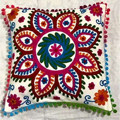 KLAVATE GANESHAM HANDICRAFT Capa de almofada indiana para decoração de casa, design floral, algodão, decorativa, boémia, bordada à mão, tecido Suzani para sofá, 40,6 x 40,6 cm KLAVATE GANESHAM HANDICRAFT Capa de almofada indiana para decoração de casa, design floral, algodão, decorativa, boémia, bordada à mão, tecido Suzani para sofá, 40,6 x 40,6 cm