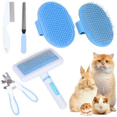 Nobleza Conjunto de 6 peças de higiene para animais de estimação pequenos, kit de higiene de coelhos com escova de cravo, luva de banho e massagem, pente de higiene para hamster (azul) Nobleza Conjunto de 6 peças de higiene para animais de estimação pequenos, kit de higiene de coelhos com escova de cravo, luva de banho e massagem, pente de higiene para hamster (azul)