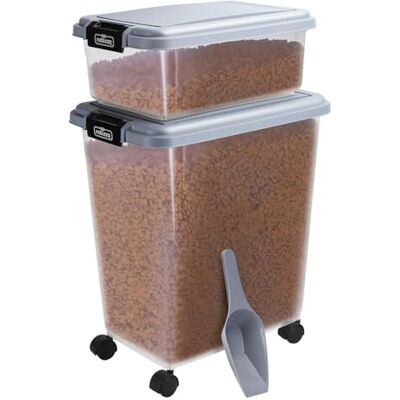 Nobleza Recipiente de alimentos para animais de estimação 10 L + 40 L, caixa hermética transparente com rodas, tampa rebatível e pala para comida de cães e gatos, cinzento Nobleza Recipiente de alimentos para animais de estimação 10 L + 40 L, caixa hermética transparente com rodas, tampa rebatível e pala para comida de cães e gatos, cinzento