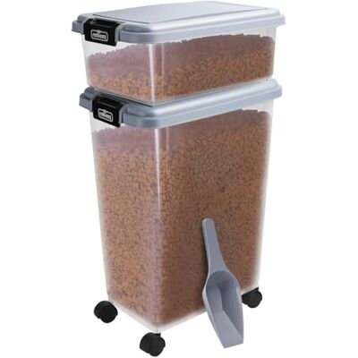 Nobleza Recipiente de alimentos para animais de estimação 10 L + 30 L, caixa hermética transparente com rodas, tampa rebatível e pala para comida de cães e gatos, cinzento Nobleza Recipiente de alimentos para animais de estimação 10 L + 30 L, caixa hermética transparente com rodas, tampa rebatível e pala para comida de cães e gatos, cinzento