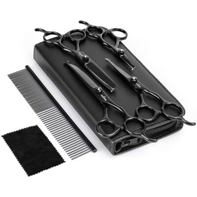 Nobleza Tesouras para cães 6 em 1, tesouras de cabeleireiro canina profissionais para animais de estimação, tesouras de cortar pelo de ponta redonda e curvas para cão e gato, ergonómico, anticorrosão, preto Nobleza Tesouras para cães 6 em 1, tesouras de cabeleireiro canina profissionais para animais de estimação, tesouras de cortar pelo de ponta redonda e curvas para cão e gato, ergonómico, anticorrosão, preto