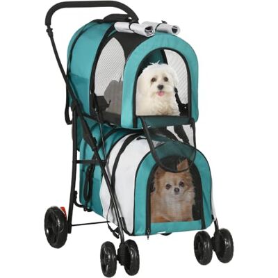 PawHut Carrinho duplo para cães, gatos dobrável, 66 x 50 x 98 cm, verde 2 transportes removíveis, cinto de segurança, bolsos laterais, 2 almofadas, cada carga 10 kg, com rodas PawHut Carrinho duplo para cães, gatos dobrável, 66 x 50 x 98 cm, verde 2 transportes removíveis, cinto de segurança, bolsos laterais, 2 almofadas, cada carga 10 kg, com rodas