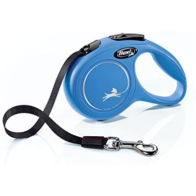FLEXI Trela retrátil clássica para cães (fita), ergonómica, duradoura e sem emaranhados, trela para passear animais de estimação para cães, 10 pés, extra pequena, azul FLEXI Trela retrátil clássica para cães (fita), ergonómica, duradoura e sem emaranhados, trela para passear animais de estimação para cães, 10 pés, extra pequena, azul