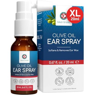 Medi Grade Spray de azeite para limpeza de ouvidos e cera de orelhas, 20 ml, spray de óleo natural a 100 % que suaviza e elimina a acumulação de cera, mais de 50 pulverizações para limpeza Medi Grade Spray de azeite para limpeza de ouvidos e cera de orelhas, 20 ml, spray de óleo natural a 100 % que suaviza e elimina a acumulação de cera, mais de 50 pulverizações para limpeza
