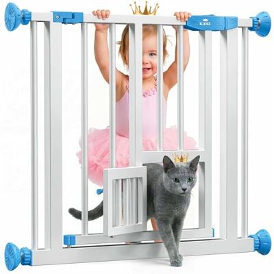 KIDIZ ® Porta de segurança para portas, porta para crianças, com porta para cães e gatos, sem perfuração, extensível, combinado com mandris em Y, giratória, 74 87 cm branco/azul KIDIZ ® Porta de segurança para portas, porta para crianças, com porta para cães e gatos, sem perfuração, extensível, combinado com mandris em Y, giratória, 74 87 cm branco/azul