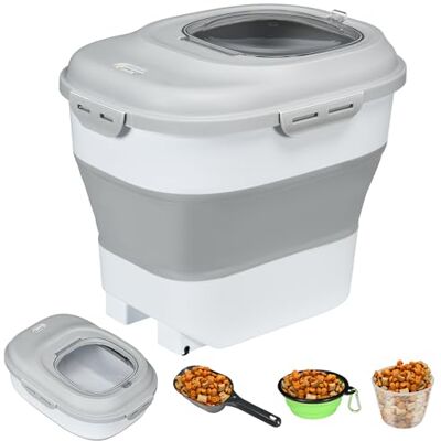 PawHut Recipiente de comida para cães dobrável 25 L recipiente de ração com rodas caneca medidor tigela dobrável e colher recipiente de comida para animais de estimação gatos cinzento PawHut Recipiente de comida para cães dobrável 25 L recipiente de ração com rodas caneca medidor tigela dobrável e colher recipiente de comida para animais de estimação gatos cinzento