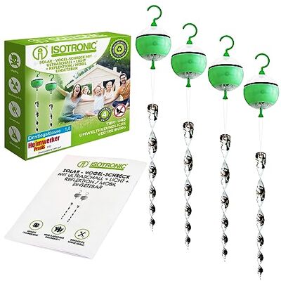 ISOTRONIC Repelente solar para pássaros com ação 4 em 1: Movimento, ultrassom, luz azul e refletores prateados. Ahujentador de pássaros e pombos para varanda e jardim (4 unidades). ISOTRONIC Repelente solar para pássaros com ação 4 em 1: Movimento, ultrassom, luz azul e refletores prateados. Ahujentador de pássaros e pombos para varanda e jardim (4 unidades).