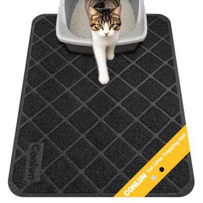 Conlun Tapete gatos areneiro, 61 x 43 cm tapete areia gato, design de controlo de dispersão de malha de grelha, material impermeável e antiderrapante, fácil de limpar lavável, preto Conlun Tapete gatos areneiro, 61 x 43 cm tapete areia gato, design de controlo de dispersão de malha de grelha, material impermeável e antiderrapante, fácil de limpar lavável, preto