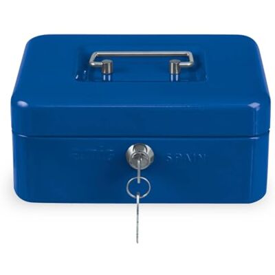 Amig Caixa de dinheiro cofre para dinheiro, notas e moedas com bandeja para moedas e 2 chaves cor azul, aço 200 x 160 x 70 mm Amig Caixa de dinheiro cofre para dinheiro, notas e moedas com bandeja para moedas e 2 chaves cor azul, aço 200 x 160 x 70 mm