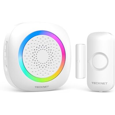 TECKNET Alarme casa com campainha e sensor abertura porta magnético, 1 x Alcance de 300 m, 61 melodias, indicador RGB, sistema de segurança para casa, loja ou escritório TECKNET Alarme casa com campainha e sensor abertura porta magnético, 1 x Alcance de 300 m, 61 melodias, indicador RGB, sistema de segurança para casa, loja ou escritório