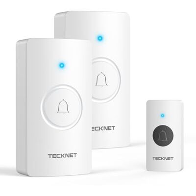 TECKNET Campainha sem fios exterior impermeável, modelo para pilhas, branco 2 recetor + 1 transmissor, 400 m Âmbito, IP67, 5 níveis de volume (0-110 dB), 60 tons, indicador LED, para casa, hotel, etc TECKNET Campainha sem fios exterior impermeável, modelo para pilhas, branco 2 recetor + 1 transmissor, 400 m Âmbito, IP67, 5 níveis de volume (0-110 dB), 60 tons, indicador LED, para casa, hotel, etc