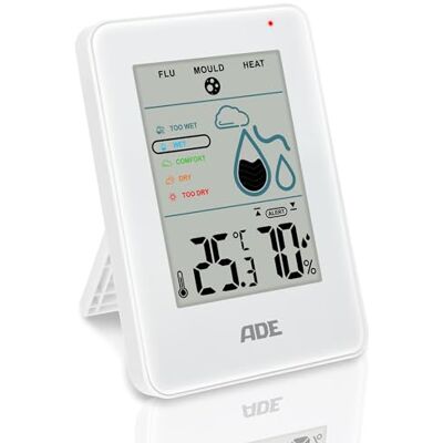 ADE Higrómetro digital interno com alarme de bolor, medidor de humid com termômetro, grande ecrã LCD, branco ADE Higrómetro digital interno com alarme de bolor, medidor de humid com termômetro, grande ecrã LCD, branco