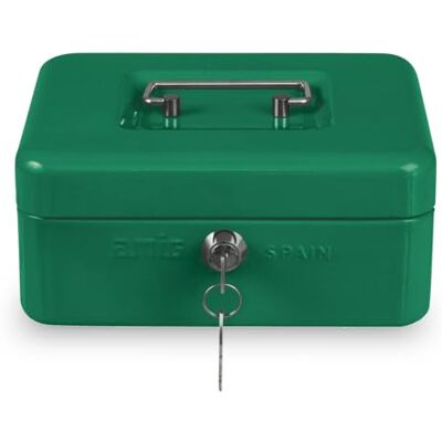 Amig Caixa de dinheiro cofre para dinheiro, notas e moedas com bandeja para moedas e 2 chaves cor verde aço 200 x 160 x 90 mm Amig Caixa de dinheiro cofre para dinheiro, notas e moedas com bandeja para moedas e 2 chaves cor verde aço 200 x 160 x 90 mm